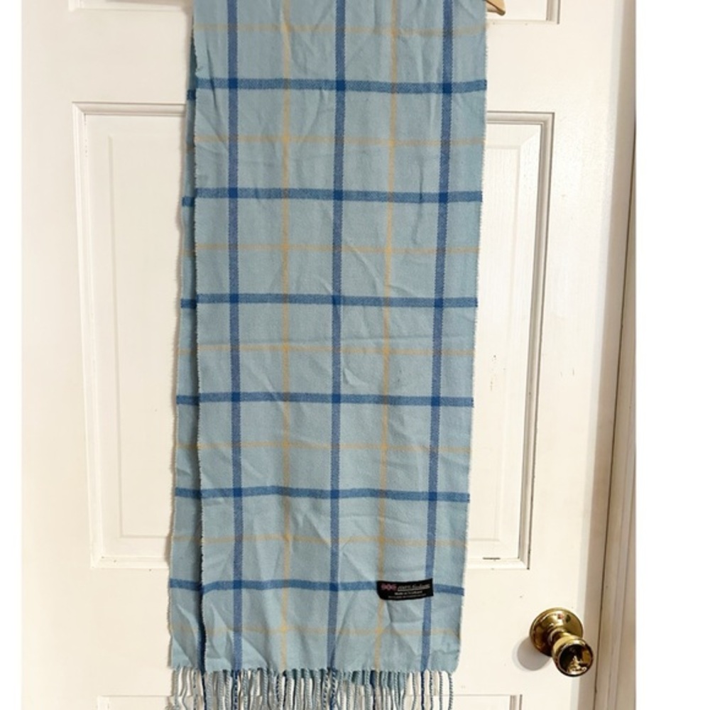 Light Blue Plaid 109%Cashmere Scarf made in Scotland